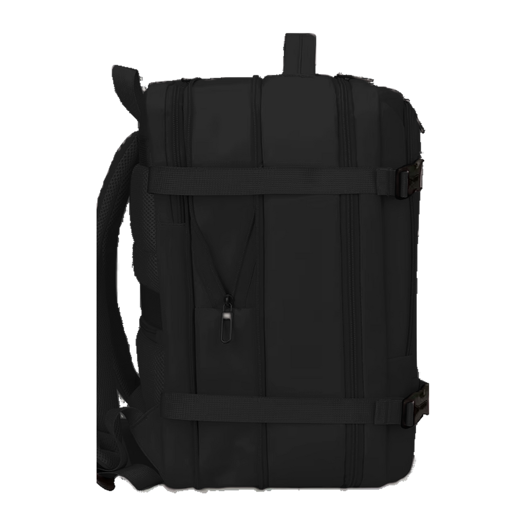 TAKT 20 under-seat cabin backpack in Black, from the side, expansion zip and compression straps