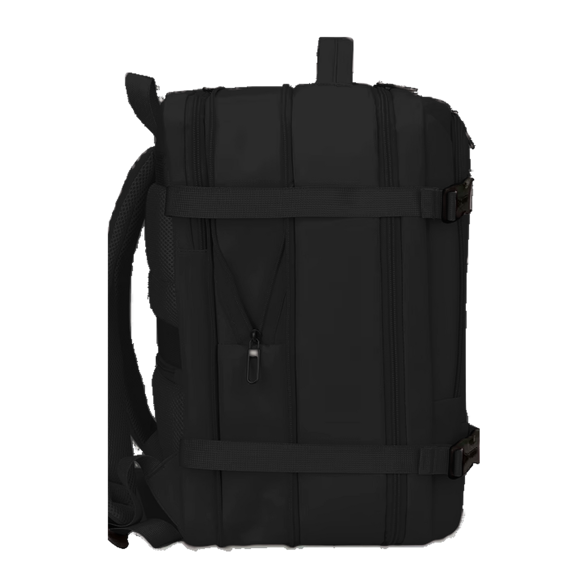 TAKT 20 under-seat cabin backpack in Black, from the side, expansion zip and compression straps