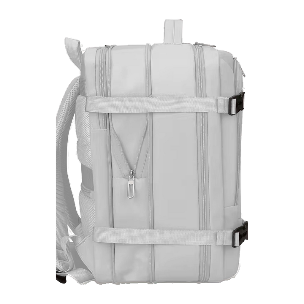 TAKT 20 under-seat cabin backpack in Grey, from the side, expansion zip and compression straps