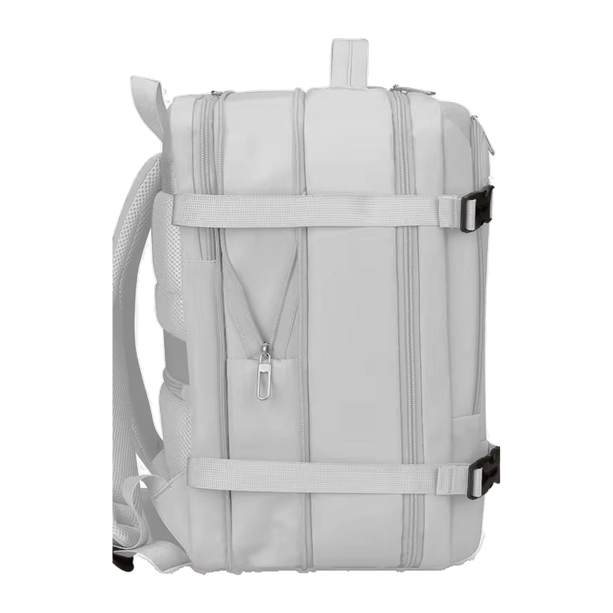 TAKT 20 under-seat cabin backpack in Grey, from the side, expansion zip and compression straps